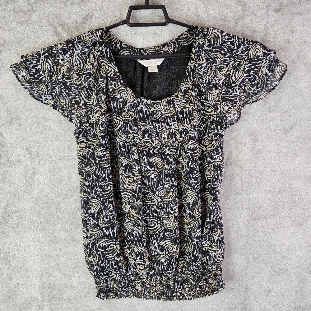 Womens Christopher & Banks Petite Top Black gold white short sleeve Size PS